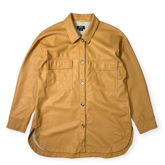 Anthropologie Maeve Faux Leather Shirt Jacket SIZE L Tan Gold Shacket Pocket - Picture 3 of 16